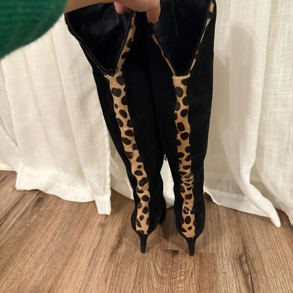 Stuart Weitzman Over the Knee Boots Sz 6 Black Suede Animal Print Heel Designer